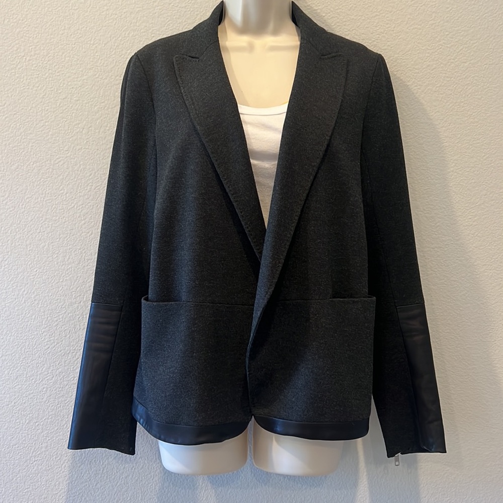 Dark Grey Theory Blazer with Partial Black Leather Sleeves Size 8